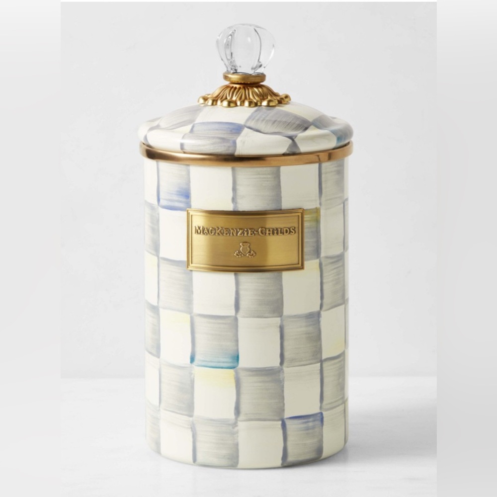 MACKENZIE-CHILDS “STERLING CHECK” GOLD TRIMMED CANISTER W/LID *NWT $109.00